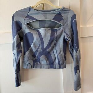 Pucci top signature "Marmo" swirl print and P logo on back. Blue crop top large